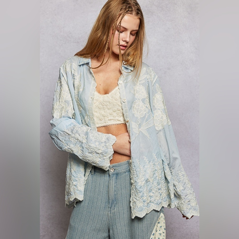 POL Light Blue Floral Embroidered Blouse